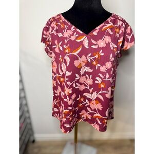 DR2 Womens Floral V Neck Sleeveless Blouse Top Burgundy Pink‎ Business Casual